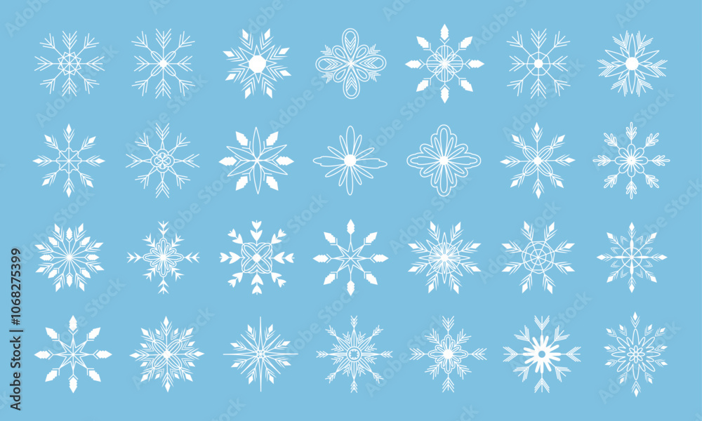 Set of snowflakes in line art. Underline. New Year and holiday. Stroke. Scribbles. Xmas. Sparks and glows. Shapes and elements. Ornament and pattern. Template. Isolated. Doodle and hand drawn. Vector