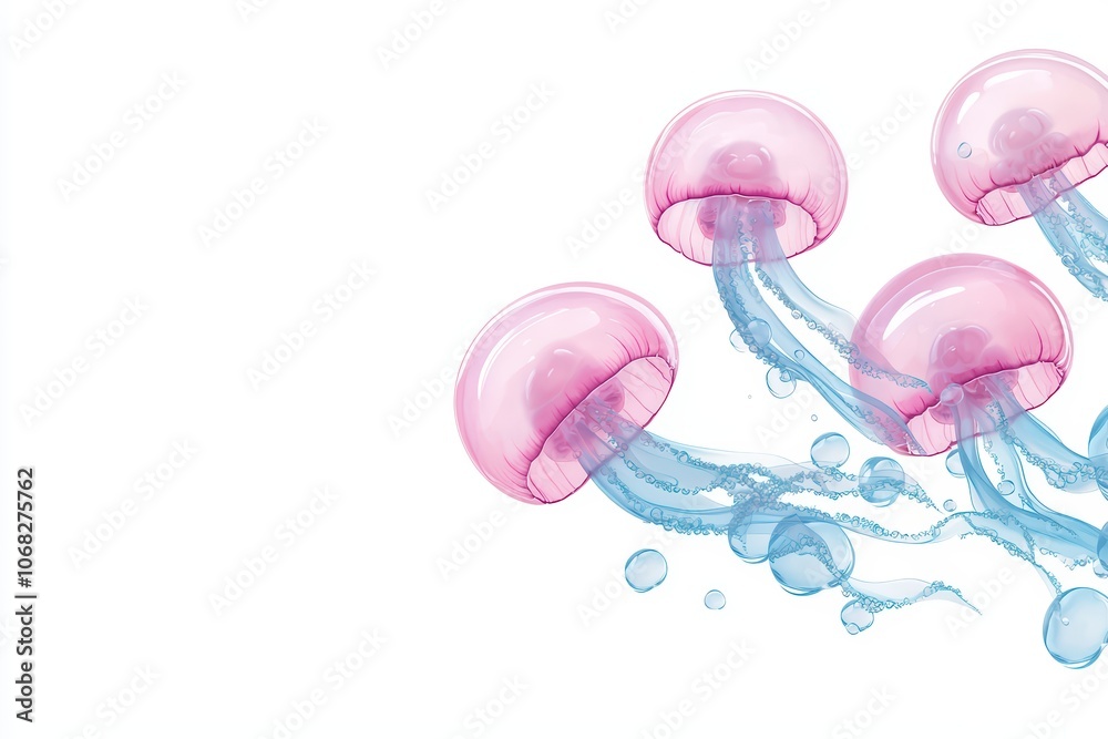 A group of colorful jellyfish swimming gracefully in clear water, isolated on a white background. A group of colorful jellyfish swimming gracefully in clear water, isolated on a white background.