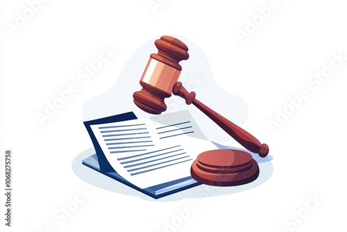 A gavel and document illustration on a white background representing law and justice themes. photo