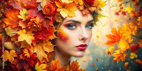 Captivating Double Exposure of Vibrant Fall Colors and Rolina Flowers Creating a Stunning Autumn Landscape in Macro Detail photo