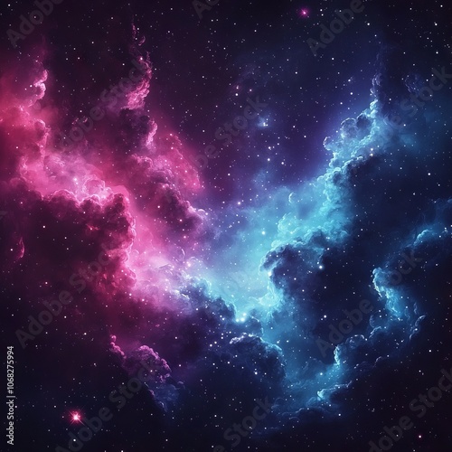 A vibrant cosmic scene featuring pink and blue nebulae against a starry backdrop.