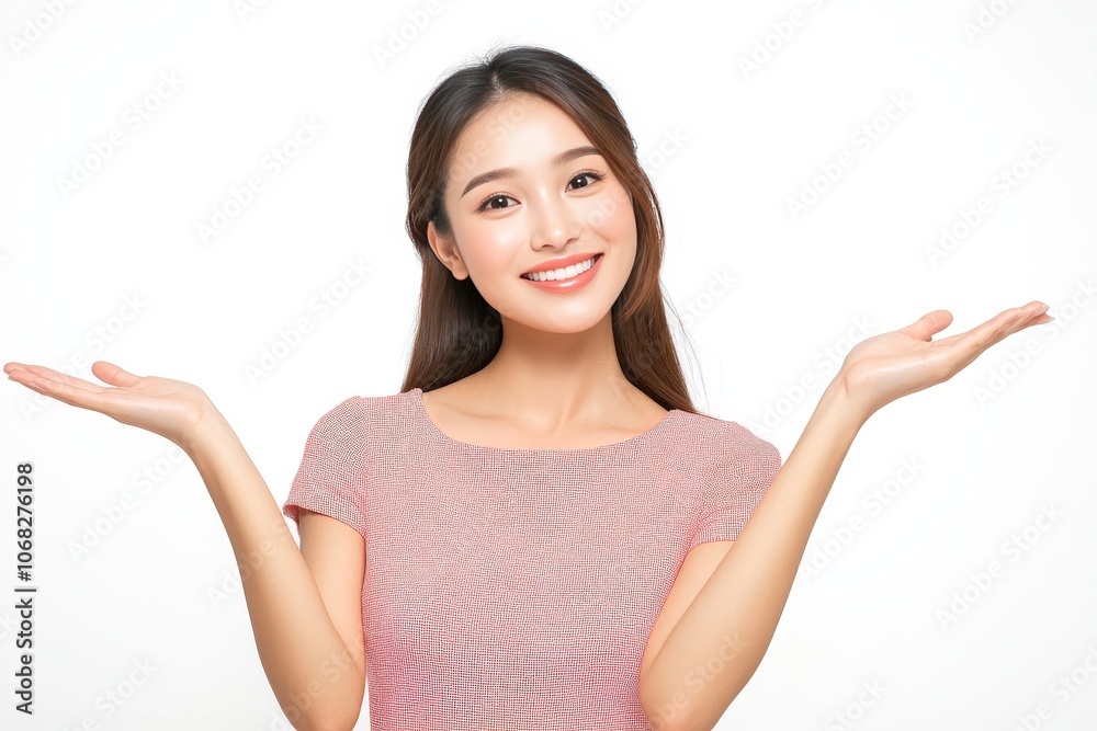 happy asian woman presenting open hand happy asian woman presenting open hand