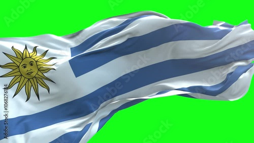 Uruguay flag - 3D realistic waving flag on green screen background for chroma key