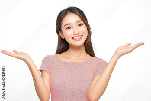 happy asian woman presenting open hand