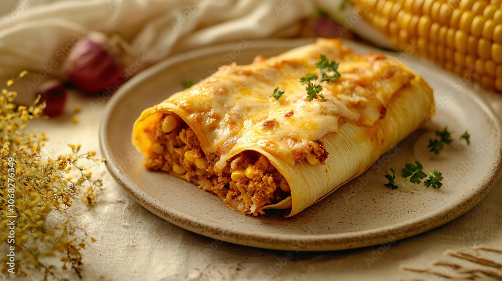 Tamale with melted cheese topping and corn husk wrap on a neutral beige background with Mexican fiesta decorations Tamale with melted cheese topping and corn husk wrap on a neutral beige background with Mexican fiesta decorations