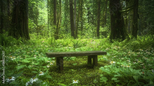 Tranquil Forest Clearing with Wooden Bench Surrounded by Wildflowers and Towering Trees, Inviting Visitors to Embrace Nature's Beauty