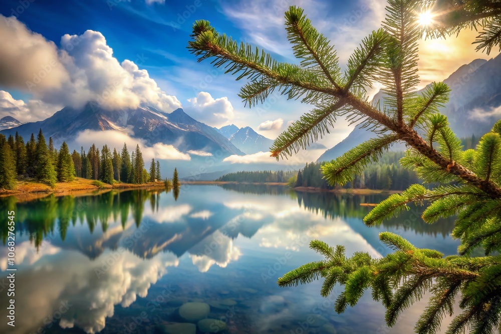 Captivating Double Exposure Photography of a Spruce Branch Merged with a Scenic Landscape, Creating a Dreamlike Effect of Nature's Beauty and Serenity Captivating Double Exposure Photography of a Spruce Branch Merged with a Scenic Landscape, Creating a Dreamlike Effect of Nature's Beauty and Serenity