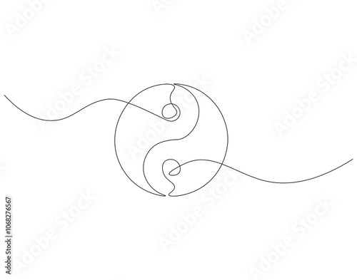 Continuous one line drawing of yin yang symbol. One line drawing illustration of yin yang. Spiritual, meditation, balance concept single line. Editable outline