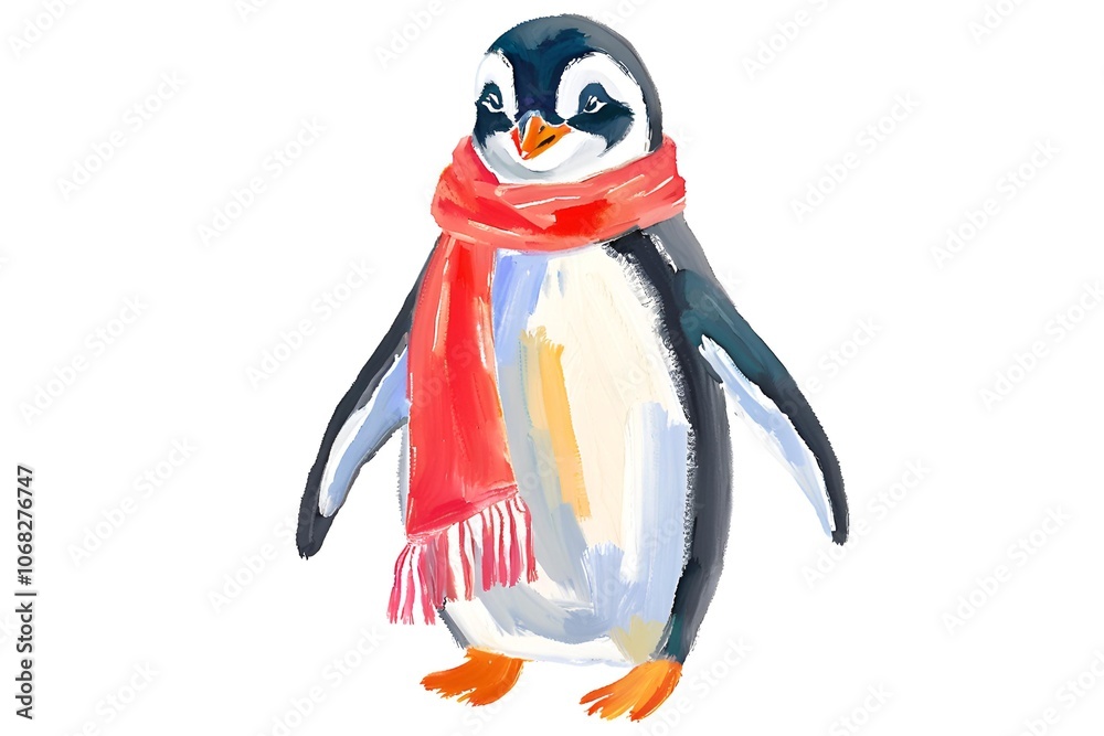 Fototapeta premium Watercolor illustration of a penguin tie a red scarf white background