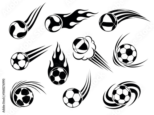 Flying soccer volleyball basketball ball black silhouette icon set vector flat illustration