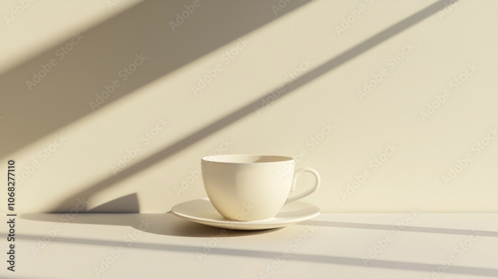Minimalist White Coffee Cup with Saucer on Table with Light and Shadows