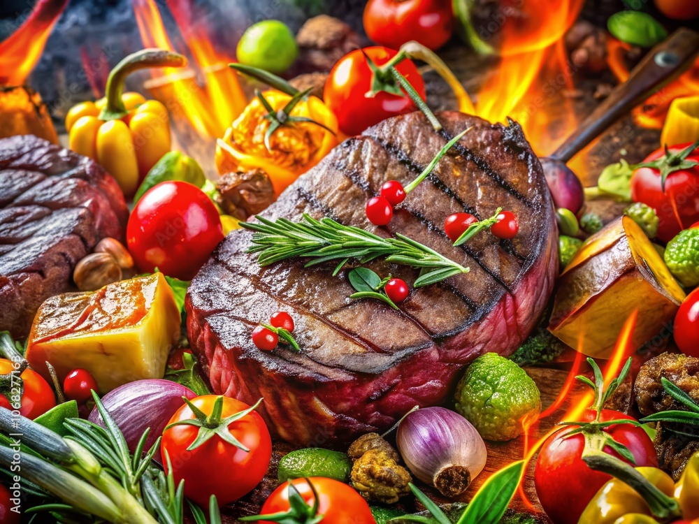 Captivating Double Exposure Photography of Grilled Meat and Colorful Vegetables Blending Together to Create a Unique Culinary Masterpiece for Food Lovers Captivating Double Exposure Photography of Grilled Meat and Colorful Vegetables Blending Together to Create a Unique Culinary Masterpiece for Food Lovers