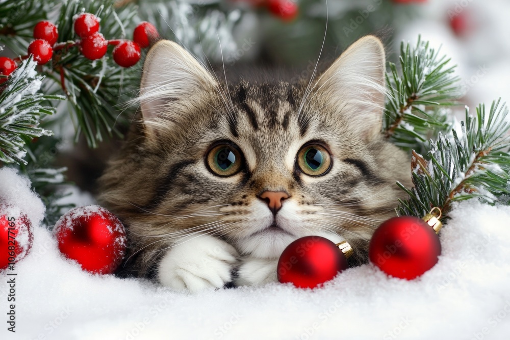 Cute siberian kitten with christmas decoration on snow background Cute siberian kitten with christmas decoration on snow background