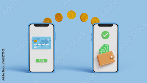 Sending and receiving funds using smartphone app. P2P transactions online banking payments and money transfer concept. Sending money via mobile banking app. 3D illustration