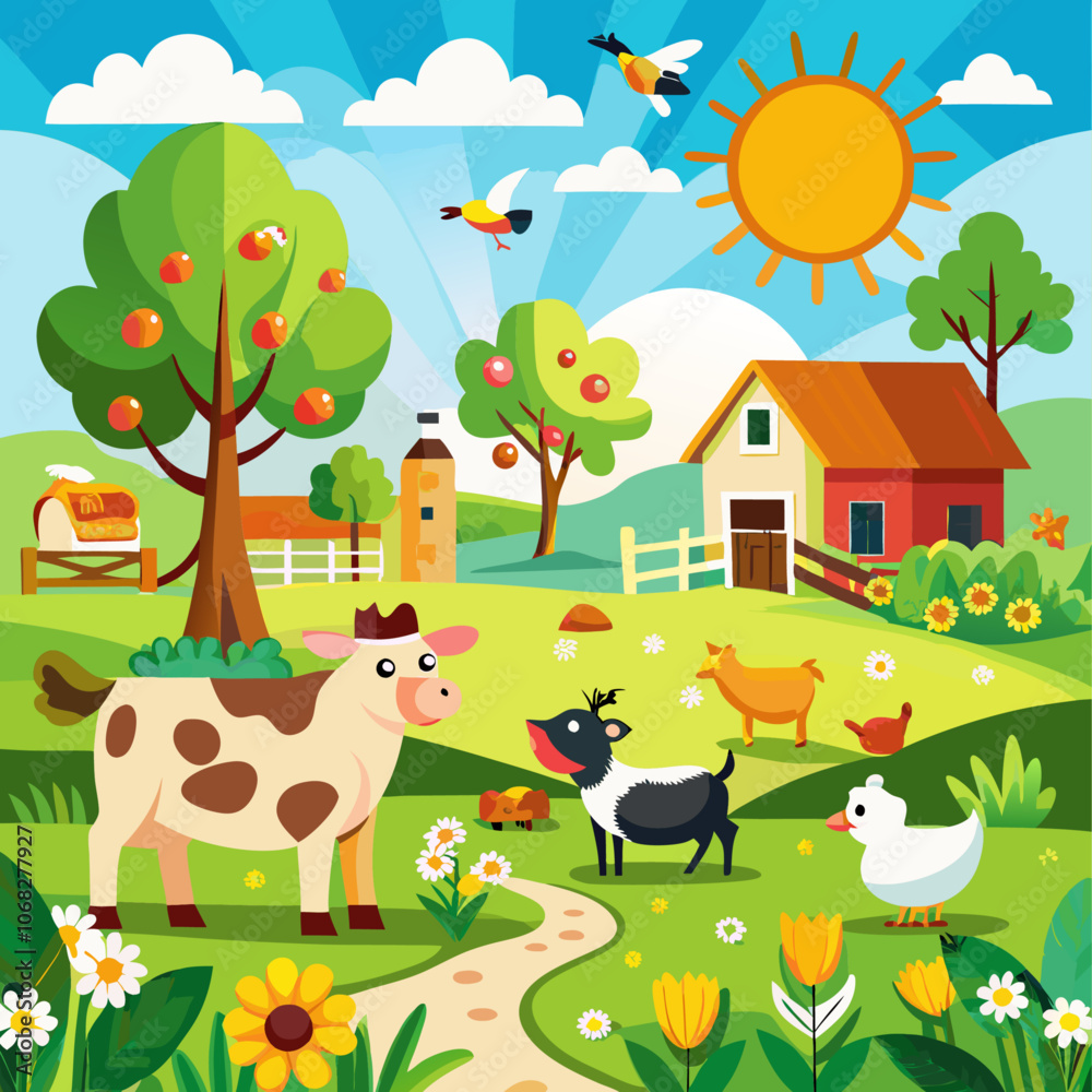 Naklejka premium A colorful cartoon farm scene with a cow, goat, chicken, duck, and a barn
