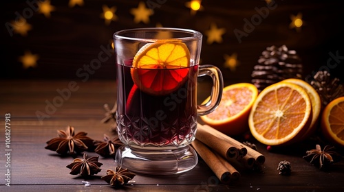 Christmas mulled wine with spices on a festive background complements the comfort of a winter evening, giving warmth and a fabulous aroma that creates a feeling of a real Christmas miracle.