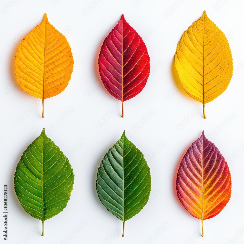 Obraz premium Colorful autumn leaves arranged on a white background, showcasing vibrant fall colors and unique shapes.