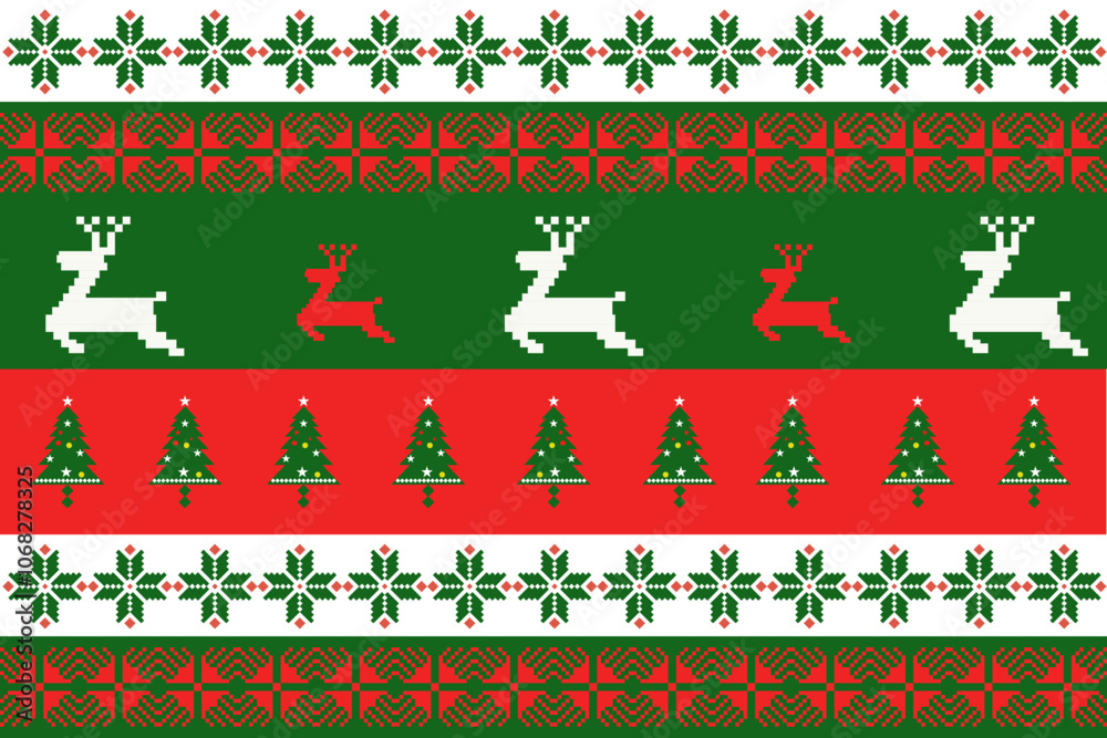 Christmas seamless pattern with deer and trees in a Nordic tribal design,perfect for festive decorations, vintage designs, and holiday-themed textiles,Traditional ethnic, geometric, ethnic,culture Christmas seamless pattern with deer and trees in a Nordic tribal design,perfect for festive decorations, vintage designs, and holiday-themed textiles,Traditional ethnic, geometric, ethnic,culture