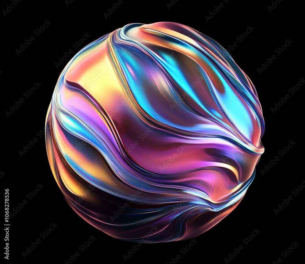 Fototapeta premium 3d illustration of abstract geometric composition, holographic rainbow colors, digital iridescent shape on a black background