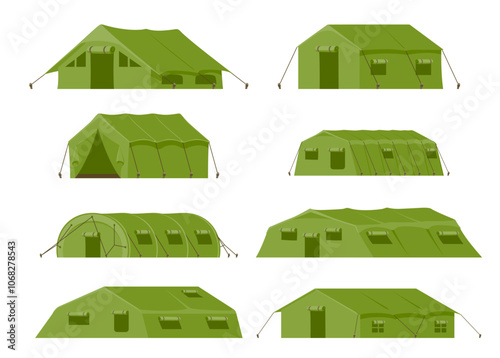Green military camping tents shelters for soldiers or outdoor recreation set isometric vector