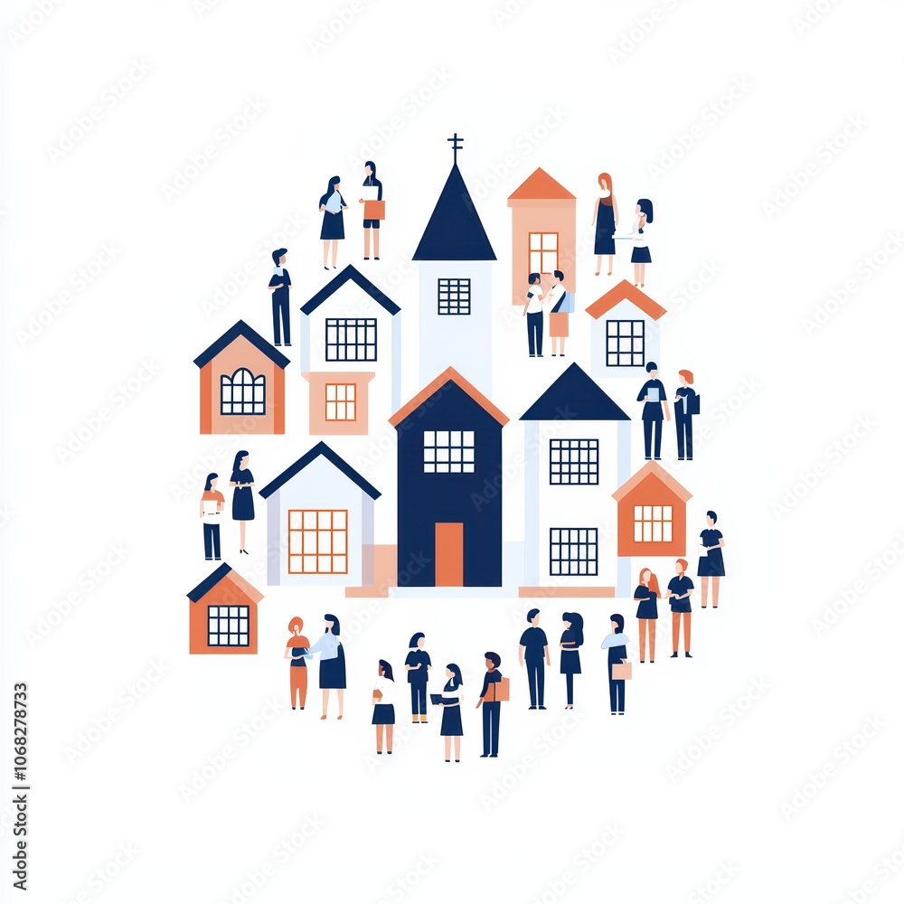 Colorful illustration of diverse people around various houses on white background. Colorful illustration of diverse people around various houses on white background.