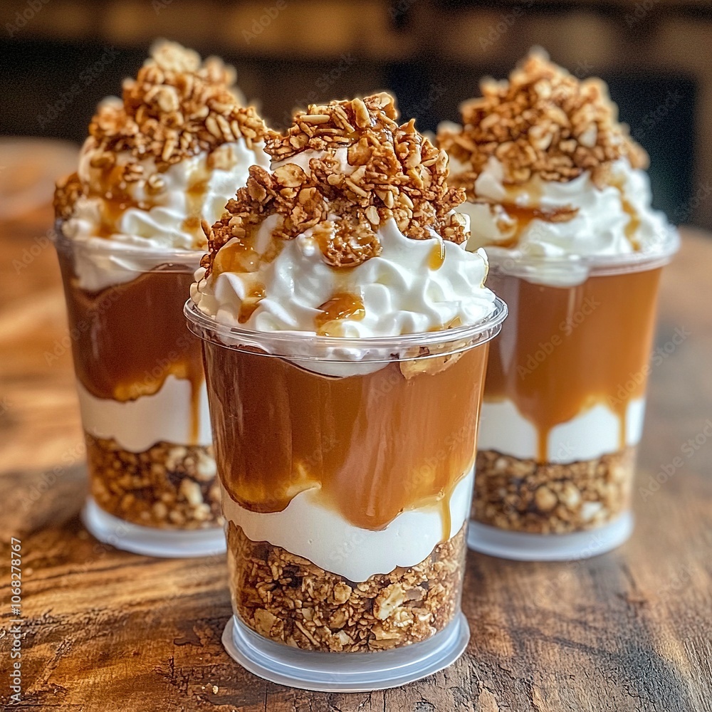 These dessert cups are visually stunning! They feature layers of a smooth caramel or butterscotch mousse topped with whipped cream and crunchy crumbled granola, generative ai