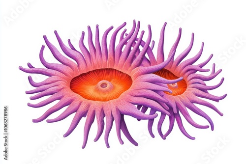 Colorful sea anemones with vibrant purple tentacles and bright orange centers, white isolate background. photo