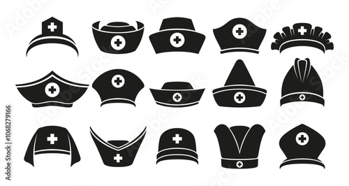 Nurse hat with medical cross black silhouette different shape icon set vector flat illustration