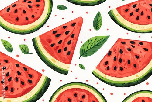 Colorful watermelon slices and leaves on a white background, perfect for summer themes and refreshing designs. photo