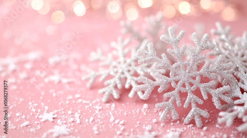 Sparkling snowflakes on soft pink background create warm Christmas atmosphere, evoking feelings of joy and celebration