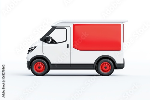 Delivery van with a red cargo area, side view on a white isolated background.