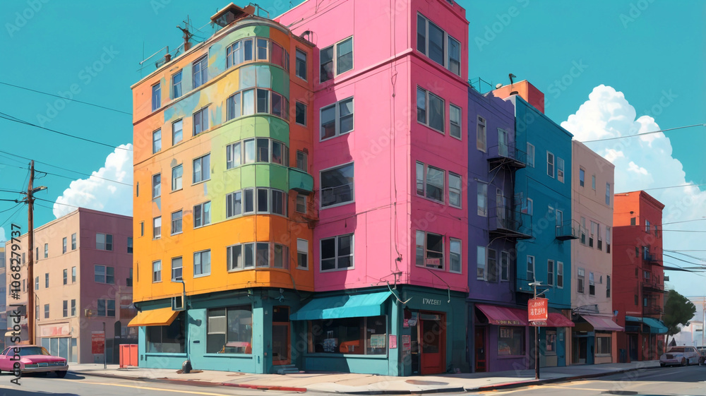 Colorful apartment buildings create a lively urban scene on a sunny day, showcasing bright pastels and architectural charm. The vibrant setting is perfect for artistic urban lifestyle and creativity t Colorful apartment buildings create a lively urban scene on a sunny day, showcasing bright pastels and architectural charm. The vibrant setting is perfect for artistic urban lifestyle and creativity t