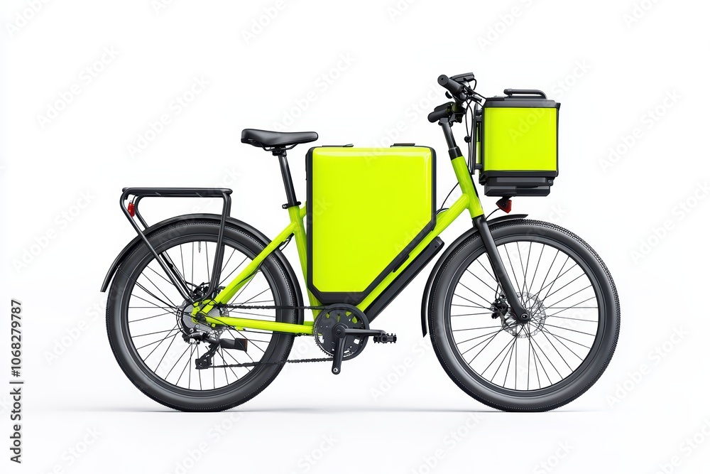 Electric bike with bright yellow delivery boxes, isolated on white background. Electric bike with bright yellow delivery boxes, isolated on white background.
