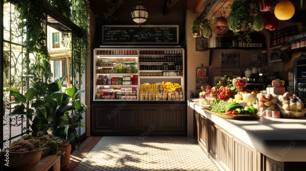 A charming grocery shop filled with fresh produce and greenery creates a welcoming atmosphere for customers, capturing the essence of a local marketplace. A charming grocery shop filled with fresh produce and greenery creates a welcoming atmosphere for customers, capturing the essence of a local marketplace.