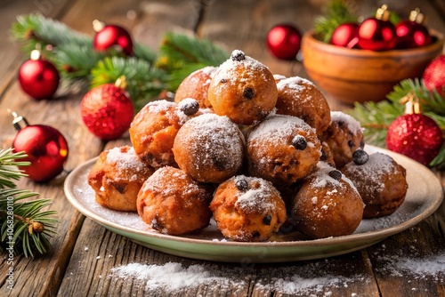 Dutch oliebollen dusted with powdered sugar, arranged on a rustic plate with Christmas ornaments and pine branches. A cozy treat for winter holidays. photo