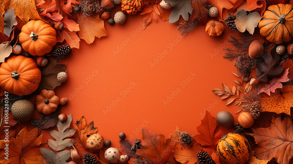 Obraz premium Modern autumn background featuring pumpkins and colorful leaves creating a frame on an orange background