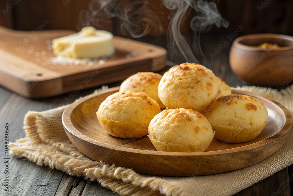 Freshly baked Brazilian cheese bread (pão de queijo) served on a wooden plate, with visible steam rising. Rustic presentation on a wooden table with cheese in the background. Freshly baked Brazilian cheese bread (pão de queijo) served on a wooden plate, with visible steam rising. Rustic presentation on a wooden table with cheese in the background.