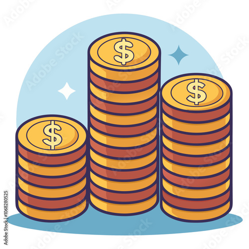 Vector illustration of cash and money coins stacks, with dollar signs on top, and a minimal stack of USD coins featuring the US dollar symbol outline and icon.