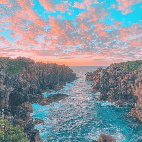 Serene coastal view at sunset with rocky cliffs and vibrant skies.