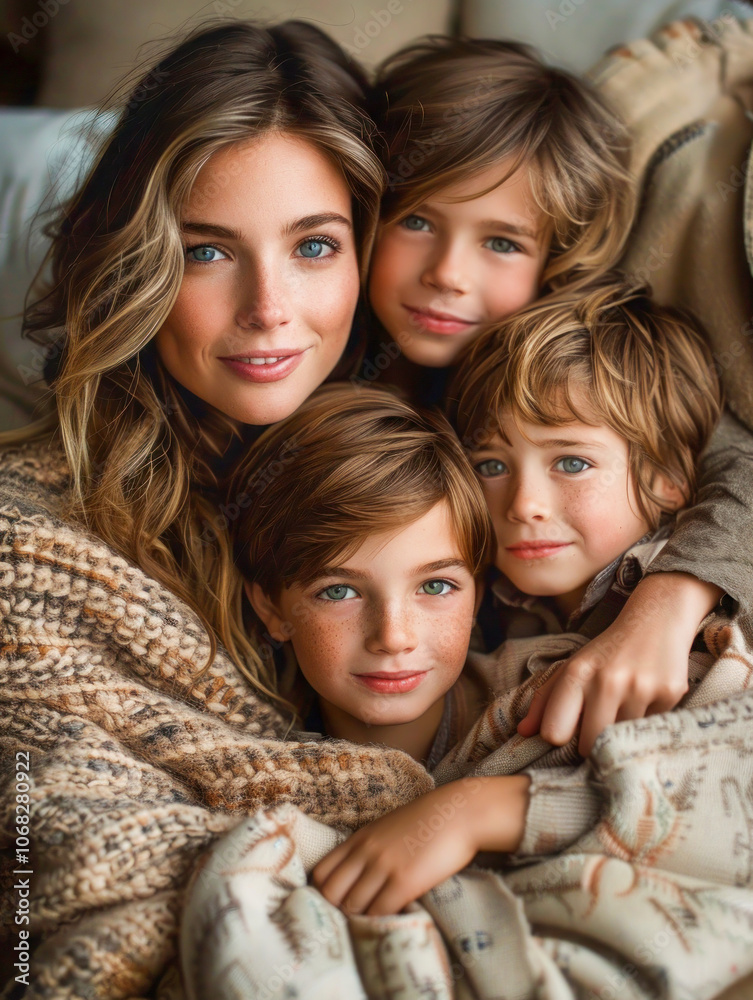 Heartwarming moment of a mother lovingly embracing her three young children, wrapped together in cozy, textured blankets enjoying holiday time. Family love, togetherness. Heartwarming moment of a mother lovingly embracing her three young children, wrapped together in cozy, textured blankets enjoying holiday time. Family love, togetherness.