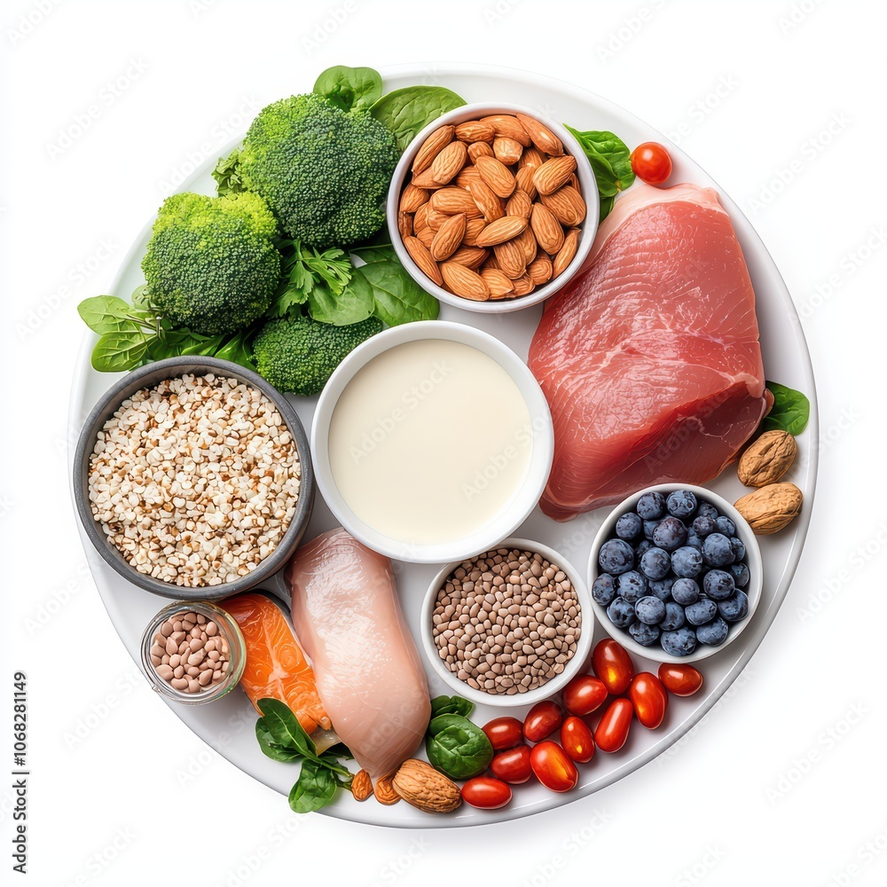 Healthy meal preparation ingredients on a white plate with broccoli, almonds, lean meats, and fresh fruits. Healthy meal preparation ingredients on a white plate with broccoli, almonds, lean meats, and fresh fruits.