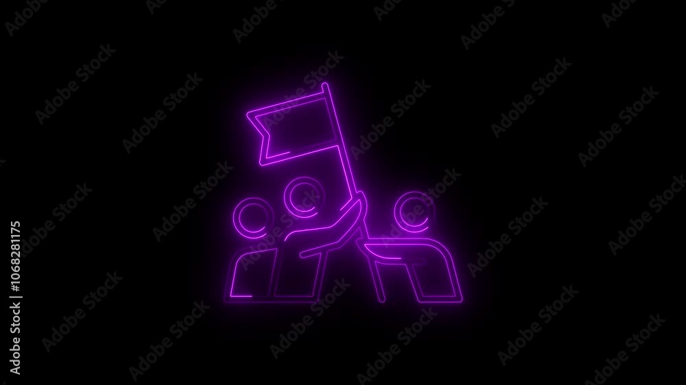 Neon Teamwork and Achievement Icon with Flag on Dark Background Neon Teamwork and Achievement Icon with Flag on Dark Background