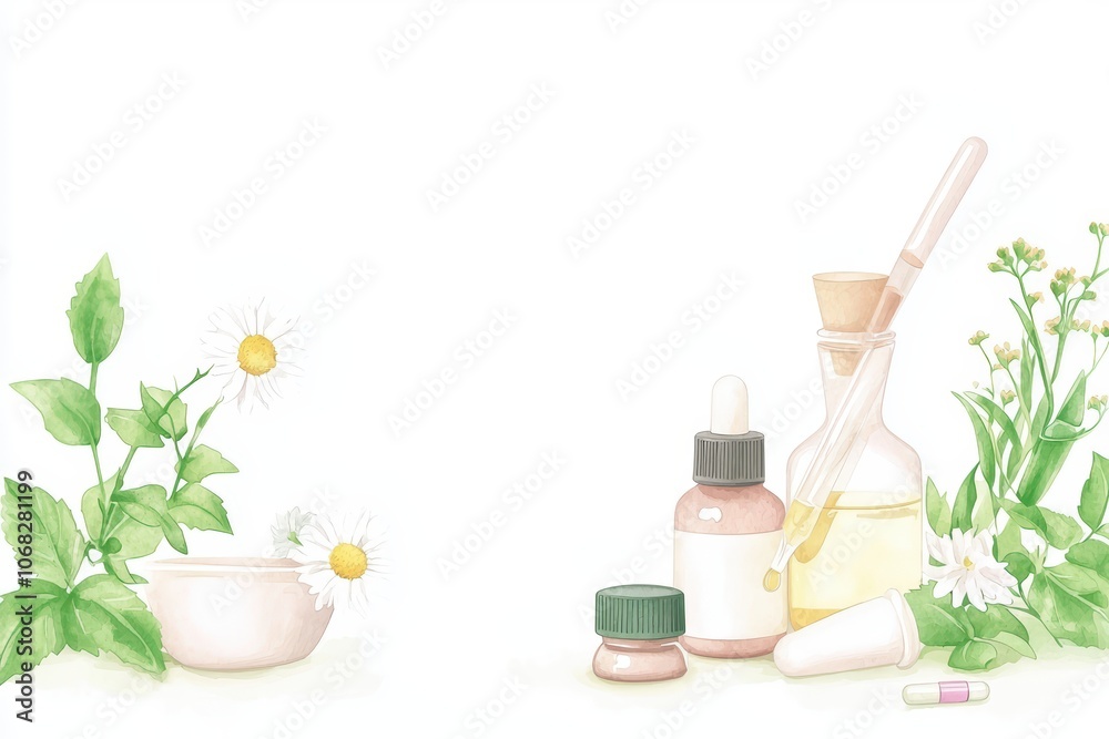 Herbal oils and plants in a serene setting, featuring essential oil bottles and botanical elements. Herbal oils and plants in a serene setting, featuring essential oil bottles and botanical elements.