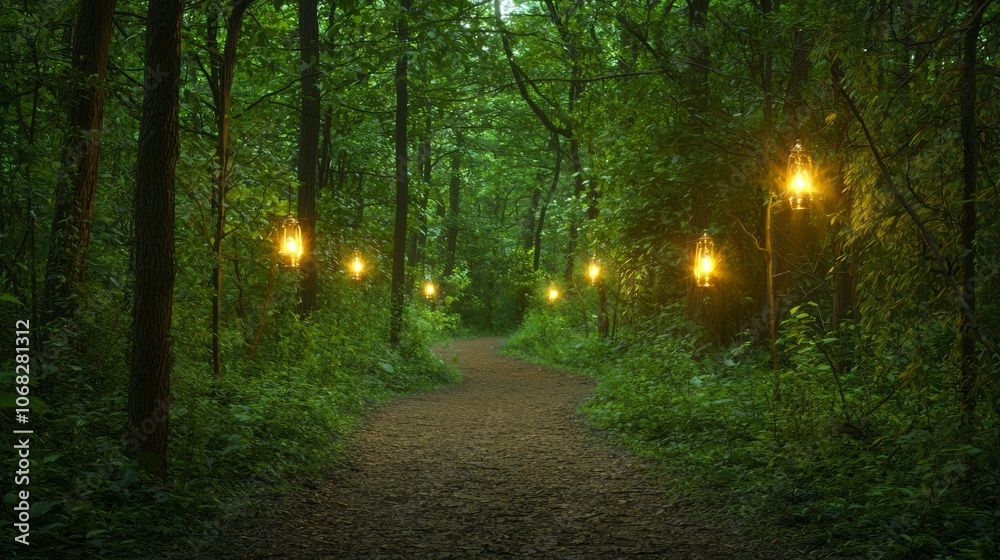 Obraz premium Serene Forest Path at Dusk with Lanterns Illuminating the Way for Exploration | Ultra-Detailed Nature Scene Photography