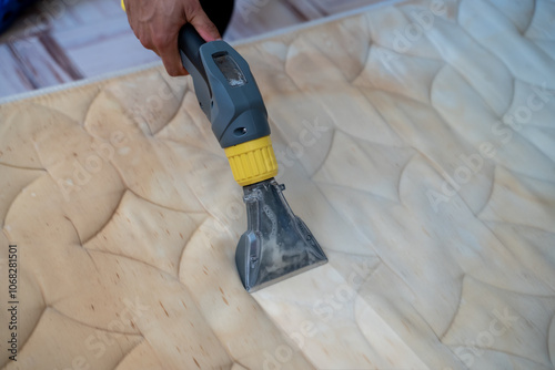 Mattress cleaning machine and cleaning detail shot. Yellowed mattress washing by professional machine