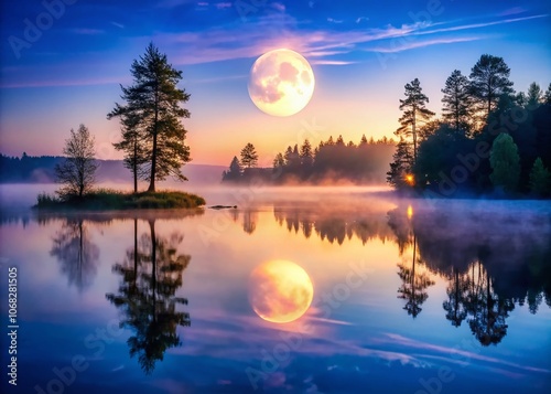 Captivating Full Moon Illuminates a Misty Lake at Dusk, Creating a Serene and Enchanting Night Scene Perfect for Nature Lovers and Peaceful Landscapes