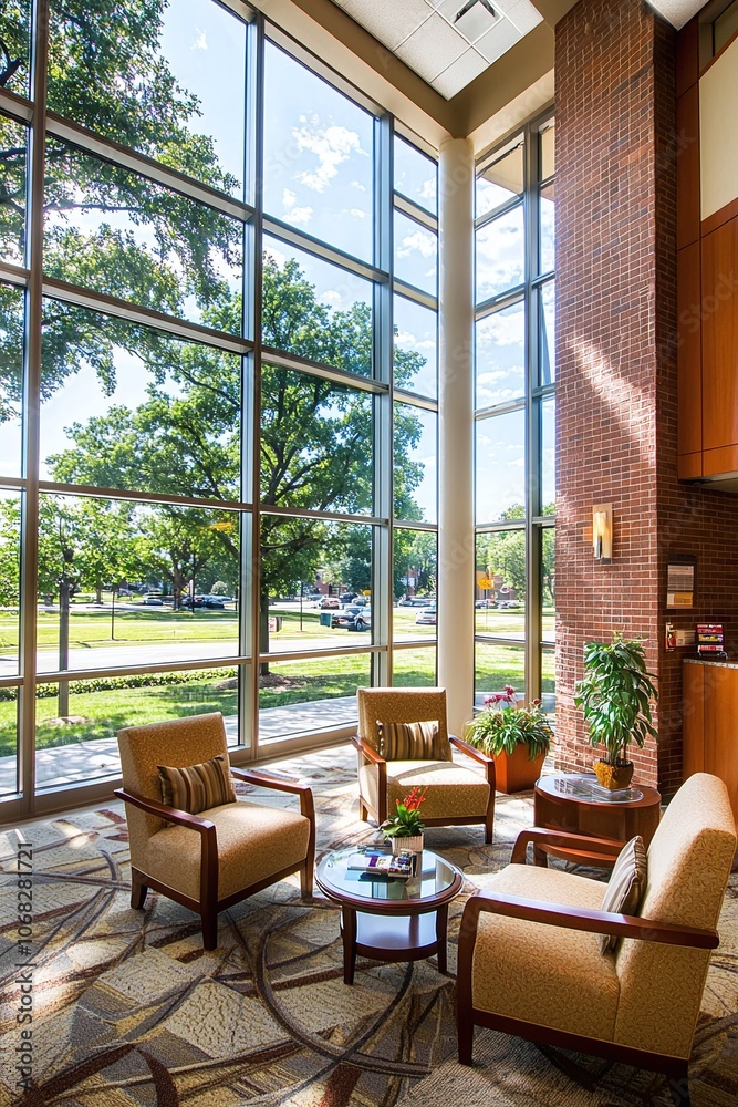 Modern Lobby with Large Windows and Comfortable Seating. Modern Lobby with Large Windows and Comfortable Seating.