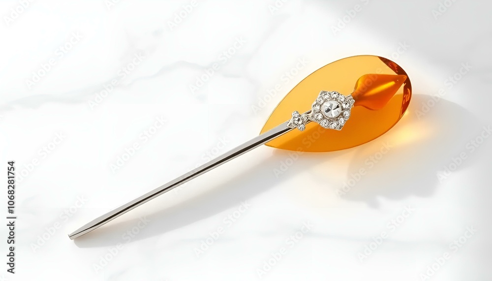 Modern design elegant amber hairpin with silver accents on marble background, copy space
Modern design elegant amber hairpin with silver accents on marble background, copy space