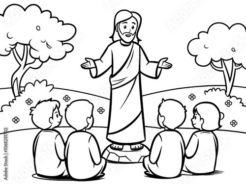 Cute Jesus Preaches and Teaches Children. Printable Cartoon Coloring Pages.