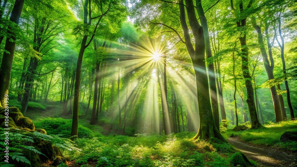 Naklejka premium Captivating Green Forest with Sun Rays Illuminating the Lush Foliage and Creating a Serene Atmosphere in Nature's Embrace - Perfect for Outdoor and Nature Photography Enthusiasts